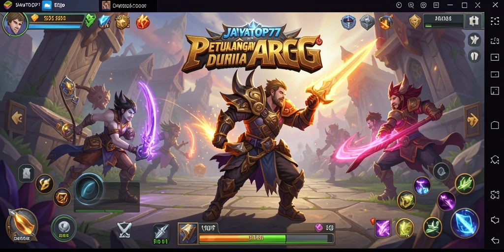 Screenshot gameplay JAYATOP77 menampilkan pertarungan spektakuler dan dunia yang luas.