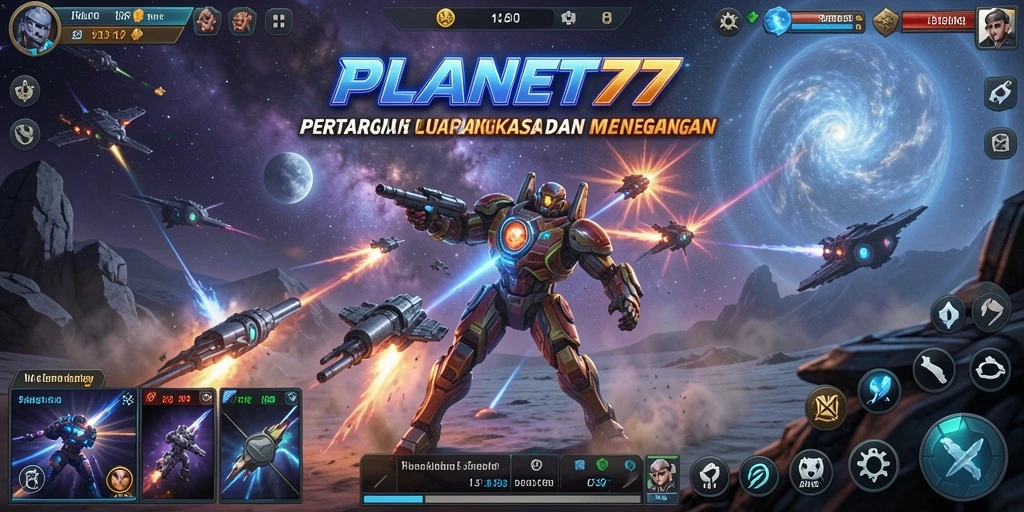 Tampilan gameplay seru di PLANET77 dengan adu tembak luar angkasa.